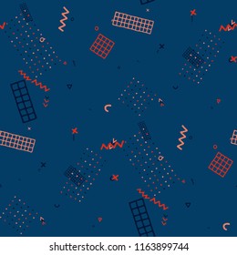 Retro Memphis Texture. Seamless Background for Card, Banner, Cover in Trendy Style. Colorful Geometric Pattern with Hand Drawn Scribble Elements. Colorful Triangles, Rings, Zigzags and Dots.