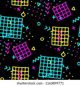 Retro Memphis Texture. Seamless Background for Banner, Poster, Cover in Trendy Style. Bright Geometric Pattern with Hand Drawn Scribble Elements. Colorful Triangles, Rings, Zigzags and Dots.
