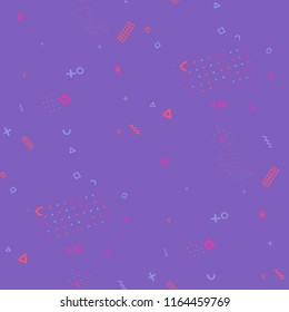 Retro Memphis Texture. Seamless Background for Chintz, Cotton, Swimwear in Trendy Style. Bright Geometric Pattern with Hand Drawn Scribble Elements. Colorful Triangles, Rings, Zigzags and Dots.