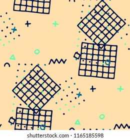 Retro Memphis Texture. Seamless Background for Wallpaper, Cotton, Swimwear in Trendy Style. Bright Geometric Pattern with Hand Drawn Scribble Elements. Colorful Triangles, Rings, Zigzags and Dots.