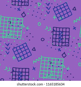Retro Memphis Texture. Seamless Background for Card, Banner, Cover in Trendy Style. Colorful Geometric Pattern with Hand Drawn Scribble Elements. Colorful Triangles, Rings, Zigzags and Dots.