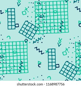 Retro Memphis Texture. Seamless Background for Banner, Poster, Cover in Trendy Style. Colorful Geometric Pattern with Hand Drawn Scribble Elements. Colorful Triangles, Rings, Zigzags and Dots.