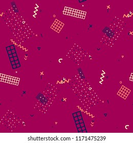 Retro Memphis Texture. Seamless Background for Chintz, Cotton, Fabric in Trendy Style. Colorful Geometric Pattern with Hand Drawn Scribble Elements. Colorful Triangles, Rings, Zigzags and Dots.