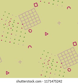 Retro Memphis Texture. Seamless Background for Wallpaper, Calico, Fabric in Trendy Style. Colorful Geometric Pattern with Hand Drawn Scribble Elements. Colorful Triangles, Rings, Zigzags and Dots.