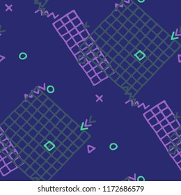 Retro Memphis Texture. Seamless Background for Wallpaper, Fabric, Cloth in Trendy Style. Colorful Geometric Pattern with Hand Drawn Scribble Elements. Colorful Triangles, Rings, Zigzags and Dots.