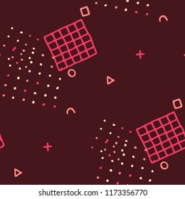 Retro Memphis Texture. Seamless Background for Wallpaper, Cotton, Swimwear in Trendy Style. Bright Geometric Pattern with Hand Drawn Scribble Elements. Colorful Triangles, Rings, Zigzags and Dots.