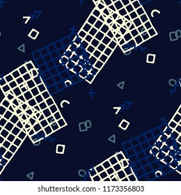 Retro Memphis Texture. Seamless Background for Banner, Poster, Cover in Trendy Style. Colorful Geometric Pattern with Hand Drawn Scribble Elements. Colorful Triangles, Rings, Zigzags and Dots.