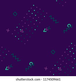 Retro Memphis Texture. Seamless Background for Card, Poster, Cover in Trendy Style. Colorful Geometric Pattern with Hand Drawn Scribble Elements. Colorful Triangles, Rings, Zigzags and Dots.