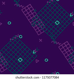 Retro Memphis Texture. Seamless Background for Banner, Poster, Cover in Trendy Style. Colorful Geometric Pattern with Hand Drawn Scribble Elements. Colorful Triangles, Rings, Zigzags and Dots.