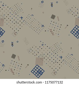 Retro Memphis Texture. Seamless Background for Chintz, Cotton, Fabric in Trendy Style. Colorful Geometric Pattern with Hand Drawn Scribble Elements. Colorful Triangles, Rings, Zigzags and Dots.