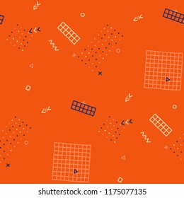 Retro Memphis Texture. Seamless Background for Wallpaper, Fabric, Swimwear in Trendy Style. Bright Geometric Pattern with Hand Drawn Scribble Elements. Colorful Triangles, Rings, Zigzags and Dots.