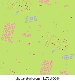 Retro Memphis Texture. Seamless Background for Wallpaper, Fabric, Cloth in Trendy Style. Bright Geometric Pattern with Hand Drawn Scribble Elements. Colorful Triangles, Rings, Zigzags and Dots.
