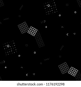 Retro Memphis Texture. Seamless Background for Wallpaper, Print, Textile in Trendy Style. Bright Geometric Pattern with Hand Drawn Scribble Elements. Colorful Triangles, Rings, Zigzags and Dots.