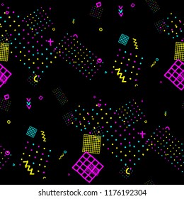 Retro Memphis Texture. Seamless Background for Card, Banner, Cover in Trendy Style. Colorful Geometric Pattern with Hand Drawn Scribble Elements. Colorful Triangles, Rings, Zigzags and Dots.