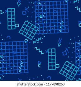 Retro Memphis Texture. Seamless Background for Chintz, Cotton, Fabric in Trendy Style. Colorful Geometric Pattern with Hand Drawn Scribble Elements. Colorful Triangles, Rings, Zigzags and Dots.