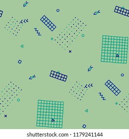 Retro Memphis Texture. Seamless Background for Chintz, Calico, Fabric in Trendy Style. Colorful Geometric Pattern with Hand Drawn Scribble Elements. Colorful Triangles, Rings, Zigzags and Dots.