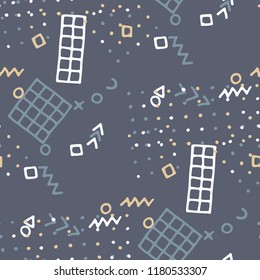 Retro Memphis Texture. Seamless Background for Banner, Fabric, Cloth in Trendy Style. Bright Geometric Pattern with Hand Drawn Scribble Elements. Colorful Triangles, Rings, Zigzags and Dots.