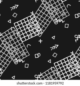 Retro Memphis Texture. Seamless Background for Wallpaper, Print, Textile in Trendy Style. Colorful Geometric Pattern with Hand Drawn Scribble Elements. Colorful Triangles, Rings, Zigzags and Dots.