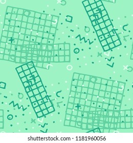 Retro Memphis Texture. Seamless Background for Chintz, Cotton, Fabric in Trendy Style. Colorful Geometric Pattern with Hand Drawn Scribble Elements. Colorful Triangles, Rings, Zigzags and Dots.