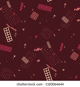 Retro Memphis Texture. Seamless Background for Banner, Poster, Cover in Trendy Style. Colorful Geometric Pattern with Hand Drawn Scribble Elements. Colorful Triangles, Rings, Zigzags and Dots.