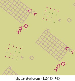 Retro Memphis Texture. Seamless Background for Card, Print, Textile in Trendy Style. Colorful Geometric Pattern with Hand Drawn Scribble Elements. Colorful Triangles, Rings, Zigzags and Dots.