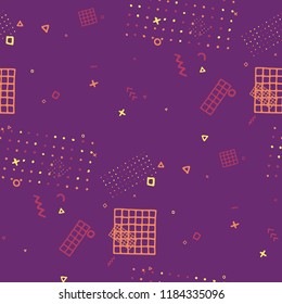 Retro Memphis Texture. Seamless Background for Wallpaper, Print, Textile in Trendy Style. Colorful Geometric Pattern with Hand Drawn Scribble Elements. Colorful Triangles, Rings, Zigzags and Dots.