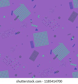 Retro Memphis Texture. Seamless Background for Banner, Poster, Cloth in Trendy Style. Bright Geometric Pattern with Hand Drawn Scribble Elements. Colorful Triangles, Rings, Zigzags and Dots.