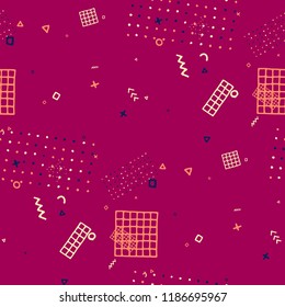 Retro Memphis Texture. Seamless Background for Chintz, Cotton, Swimwear in Trendy Style. Bright Geometric Pattern with Hand Drawn Scribble Elements. Colorful Triangles, Rings, Zigzags and Dots.