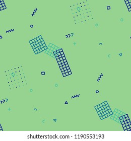 Retro Memphis Texture. Seamless Background for Banner, Poster, Cloth in Trendy Style. Colorful Geometric Pattern with Hand Drawn Scribble Elements. Colorful Triangles, Rings, Zigzags and Dots.