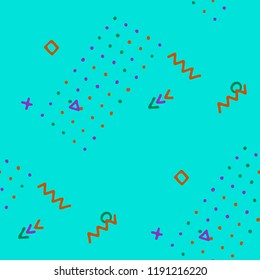 Retro Memphis Texture. Seamless Background for Card, Poster, Cover in Trendy Style. Colorful Geometric Pattern with Hand Drawn Scribble Elements. Colorful Triangles, Rings, Zigzags and Dots.