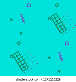 Retro Memphis Texture. Seamless Background for Wallpaper, Fabric, Swimwear in Trendy Style. Colorful Geometric Pattern with Hand Drawn Scribble Elements. Colorful Triangles, Rings, Zigzags and Dots.