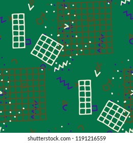 Retro Memphis Texture. Seamless Background for Chintz, Calico, Fabric in Trendy Style. Bright Geometric Pattern with Hand Drawn Scribble Elements. Colorful Triangles, Rings, Zigzags and Dots.