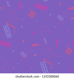 Retro Memphis Texture. Seamless Background for Chintz, Cotton, Swimwear in Trendy Style. Bright Geometric Pattern with Hand Drawn Scribble Elements. Colorful Triangles, Rings, Zigzags and Dots.