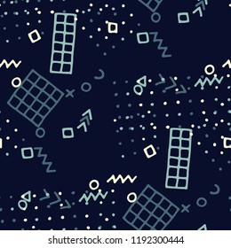 Retro Memphis Texture. Seamless Background for Wallpaper, Calico, Fabric in Trendy Style. Colorful Geometric Pattern with Hand Drawn Scribble Elements. Colorful Triangles, Rings, Zigzags and Dots.