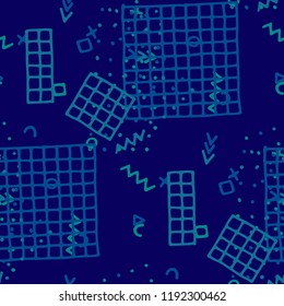 Retro Memphis Texture. Seamless Background for Card, Print, Textile in Trendy Style. Colorful Geometric Pattern with Hand Drawn Scribble Elements. Colorful Triangles, Rings, Zigzags and Dots.