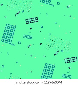 Retro Memphis Texture. Seamless Background for Wallpaper, Cotton, Swimwear in Trendy Style. Colorful Geometric Pattern with Hand Drawn Scribble Elements. Colorful Triangles, Rings, Zigzags and Dots.