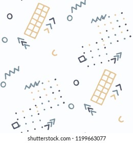 Retro Memphis Texture. Seamless Background for Wallpaper, Cotton, Swimwear in Trendy Style. Colorful Geometric Pattern with Hand Drawn Scribble Elements. Colorful Triangles, Rings, Zigzags and Dots.