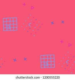 Retro Memphis Texture. Seamless Background for Wallpaper, Fabric, Cloth in Trendy Style. Bright Geometric Pattern with Hand Drawn Scribble Elements. Colorful Triangles, Rings, Zigzags and Dots.