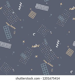 Retro Memphis Texture. Seamless Background for Banner, Poster, Cloth in Trendy Style. Colorful Geometric Pattern with Hand Drawn Scribble Elements. Colorful Triangles, Rings, Zigzags and Dots.