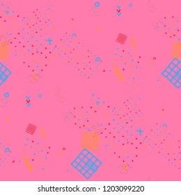 Retro Memphis Texture. Seamless Background for Wallpaper, Fabric, Cloth in Trendy Style. Colorful Geometric Pattern with Hand Drawn Scribble Elements. Colorful Triangles, Rings, Zigzags and Dots.