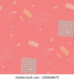 Retro Memphis Texture. Seamless Background for Chintz, Cotton, Fabric in Trendy Style. Bright Geometric Pattern with Hand Drawn Scribble Elements. Colorful Triangles, Rings, Zigzags and Dots.