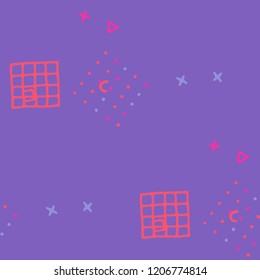 Retro Memphis Texture. Seamless Background for Card, Print, Textile in Trendy Style. Colorful Geometric Pattern with Hand Drawn Scribble Elements. Colorful Triangles, Rings, Zigzags and Dots.