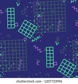 Retro Memphis Texture. Seamless Background for Wallpaper, Calico, Fabric in Trendy Style. Colorful Geometric Pattern with Hand Drawn Scribble Elements. Colorful Triangles, Rings, Zigzags and Dots.