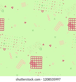 Retro Memphis Texture. Seamless Background for Chintz, Cotton, Fabric in Trendy Style. Bright Geometric Pattern with Hand Drawn Scribble Elements. Colorful Triangles, Rings, Zigzags and Dots.