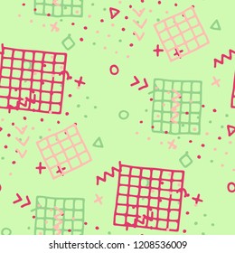 Retro Memphis Texture. Seamless Background for Card, Poster, Cover in Trendy Style. Bright Geometric Pattern with Hand Drawn Scribble Elements. Colorful Triangles, Rings, Zigzags and Dots.