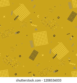 Retro Memphis Texture. Seamless Background for Wallpaper, Fabric, Cloth in Trendy Style. Colorful Geometric Pattern with Hand Drawn Scribble Elements. Colorful Triangles, Rings, Zigzags and Dots.
