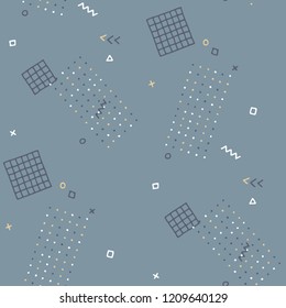 Retro Memphis Texture. Seamless Background for Card, Poster, Cover in Trendy Style. Bright Geometric Pattern with Hand Drawn Scribble Elements. Colorful Triangles, Rings, Zigzags and Dots.