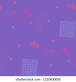 Retro Memphis Texture. Seamless Background for Banner, Poster, Cover in Trendy Style. Bright Geometric Pattern with Hand Drawn Scribble Elements. Colorful Triangles, Rings, Zigzags and Dots.
