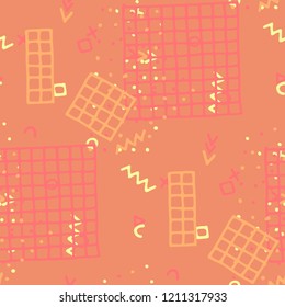 Retro Memphis Texture. Seamless Background for Wallpaper, Fabric, Cloth in Trendy Style. Bright Geometric Pattern with Hand Drawn Scribble Elements. Colorful Triangles, Rings, Zigzags and Dots.