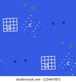 Retro Memphis Texture. Seamless Background for Card, Print, Textile in Trendy Style. Bright Geometric Pattern with Hand Drawn Scribble Elements. Colorful Triangles, Rings, Zigzags and Dots.